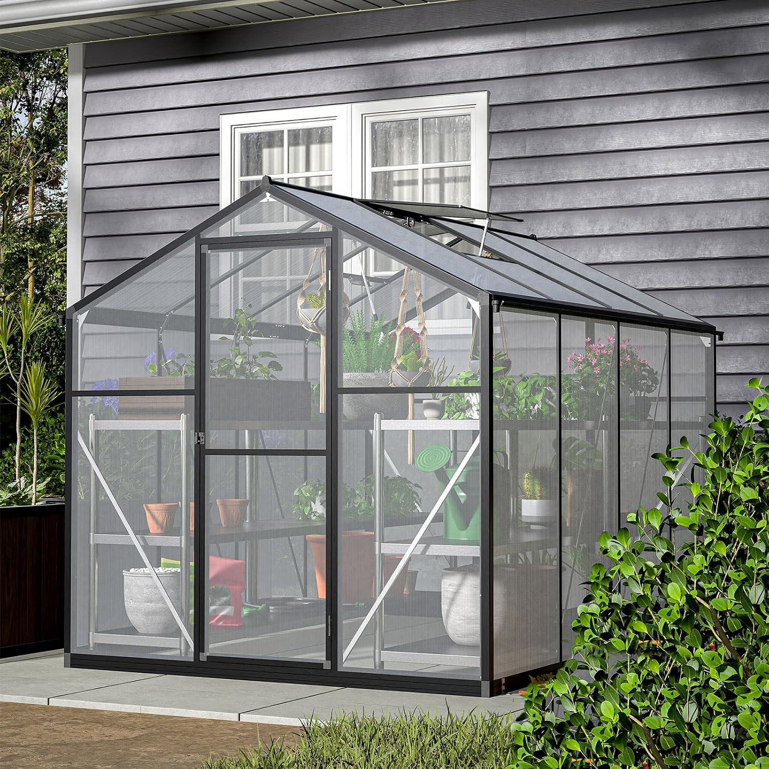 Polycarbonate Greenhouse Aluminum Frame - เรือนกระจกแบบเดินเข้าได้ โพลีคาร์บอเนตเคลือบสารป้องกันรังสียูวี โครงอะลูมิเนียม ช่องระบายอากาศปรับได้ 2 ช่อง