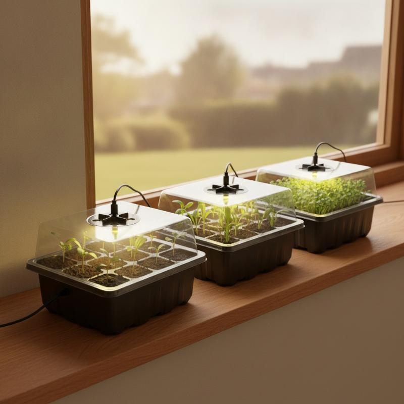 Seed Starter Tray Kit With Grow Light - ถาดเพาะเมล็ดสำหรับใช้ในบ้าน ขนาด 6/12 ช่อง พร้อมชุดอุปกรณ์เพาะเมล็ดและไฟปลูก โดมควบคุมความชื้นปรับได้