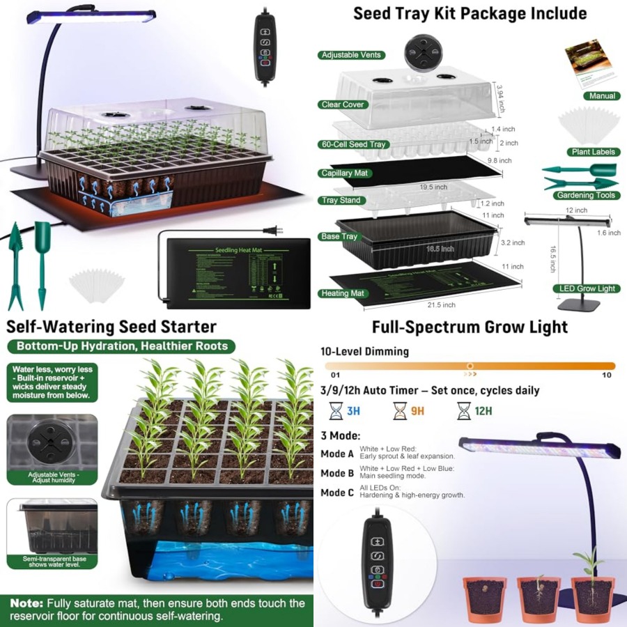 Seed Starter Tray Kit With Grow Light - ชุดเริ่มต้นเพาะเมล็ดแบบรดน้ำเอง 60 ช่อง พร้อมไฟปลูกและแผ่นให้ความร้อน ถาดเพาะกล้าพร้อมโดมควบคุมความชื้น สำหรับการงอกของพืชในร่ม