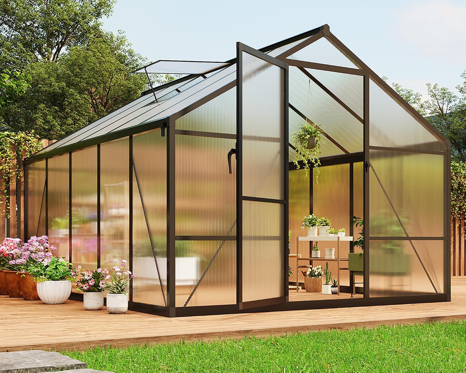Polycarbonate Greenhouse Aluminum Frame - เรือนกระจกขนาด 8x10 ฟุต, เรือนกระจกสำหรับใช้งานภายนอก, เรือนกระจกโพลีคาร์บอเนตพร้อมโครงอะลูมิเนียม, ประตูแบบล็อคได้และปรับได้,