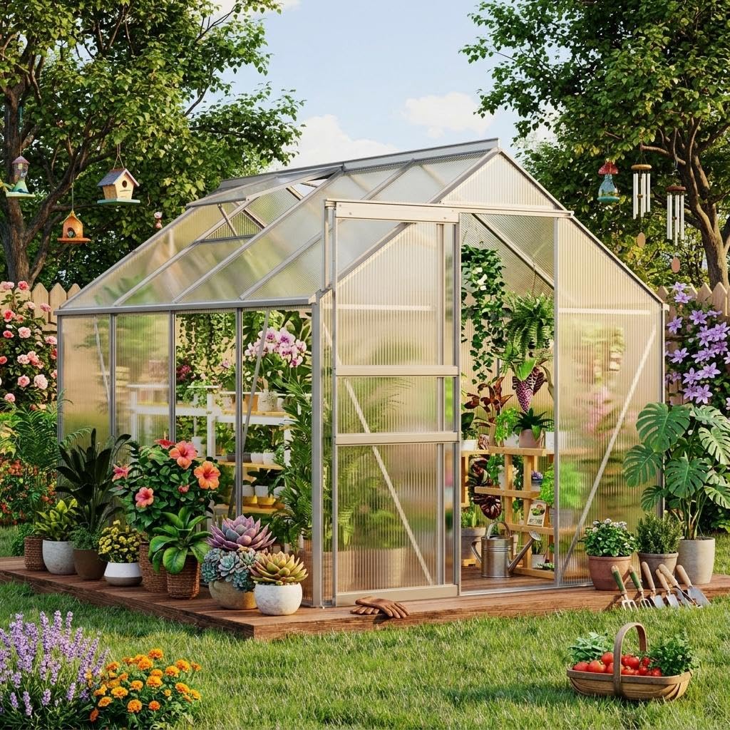 Polycarbonate Greenhouse Aluminum Frame - ชุดเรือนกระจกโพลีคาร์บอเนตขนาด 6 x 8 ฟุตสำหรับใช้งานกลางแจ้ง, เรือนกระจกสำหรับสวนที่แข็งแรงทนทานพร้อมโครงอะลูมิเนียมเสริมความแข็งแรง,