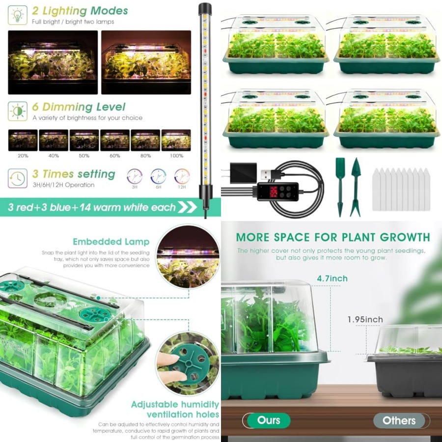 Seed Starter Tray Kit With Grow Light - ถาดเพาะเมล็ดพร้อมไฟปลูก, ชุดเพาะเมล็ด 192 ช่อง, ถาดเพาะต้นกล้าพร้อมโดมควบคุมความชื้น, ตัวตั้งเวลาอัตโนมัติ,