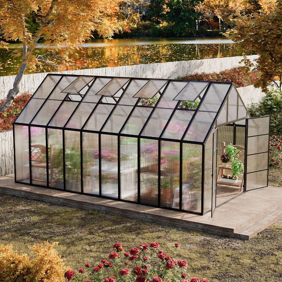 Polycarbonate Greenhouse Aluminum Frame - เรือนกระจกขนาดใหญ่ 20x10x10 ฟุต สำหรับใช้งานกลางแจ้ง ประกอบง่าย โครงอะลูมิเนียมแข็งแรงทนทาน
