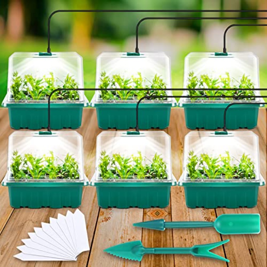 Seed Starter Tray Kit With Grow Light - ถาดเพาะเมล็ดพร้อมไฟ, ชุดอุปกรณ์เพาะเมล็ด 6 ชิ้นพร้อมไฟปลูก, ถาดเพาะต้นกล้าพร้อมโดมควบคุมความชื้น, ฝาครอบปรับระดับความสูงได้