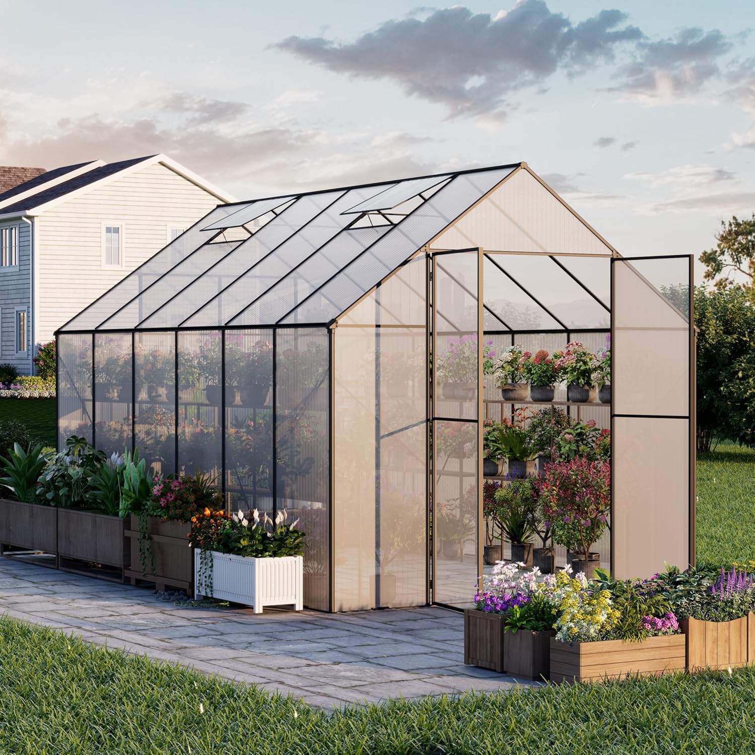 เรือนกระจกแบบเดินเข้าได้ โครงอ - Polycarbonate Greenhouse Aluminum Frame บทวิจารณ์และราคา