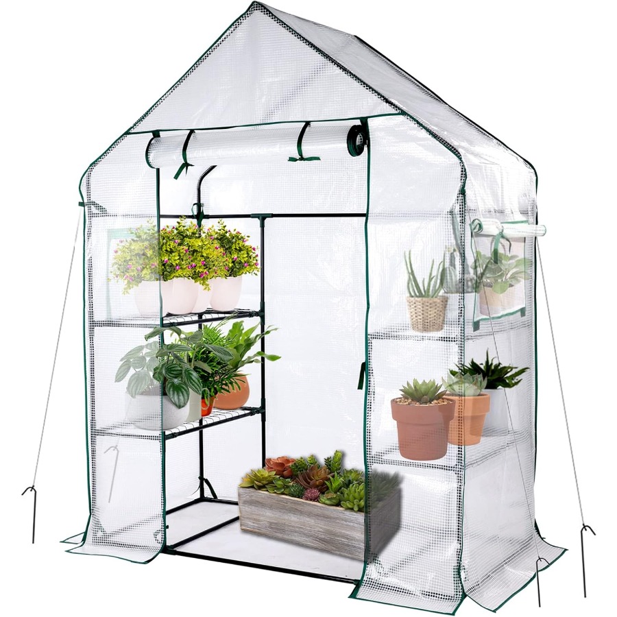 เรือนกระจกขนาดเล็กแบบเคลื่อนย้ - Mini Walk In Greenhouse 3 Tier Shelves บทวิจารณ์และราคา