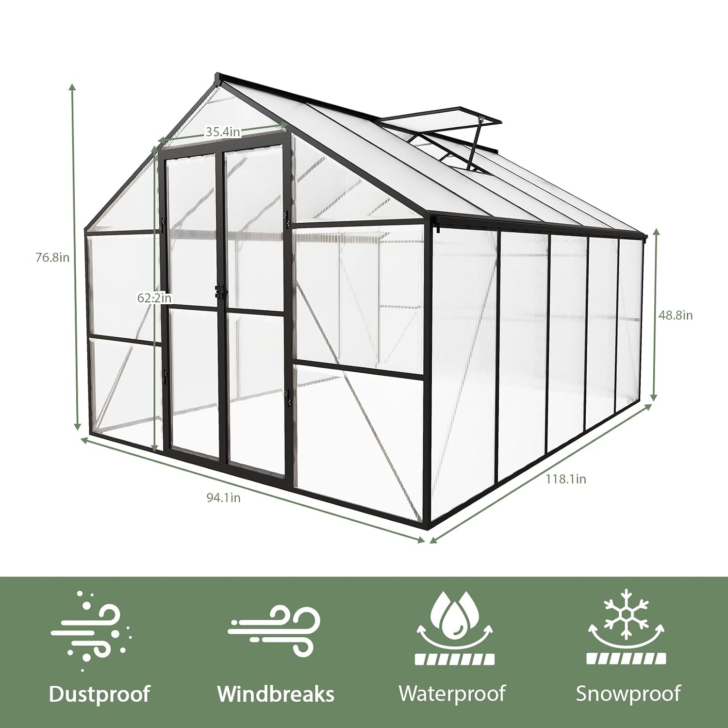 โรงเรือนกลางแจ้งขนาด 8 x 10 ฟุ - Polycarbonate Greenhouse Aluminum Frame บทวิจารณ์และราคา