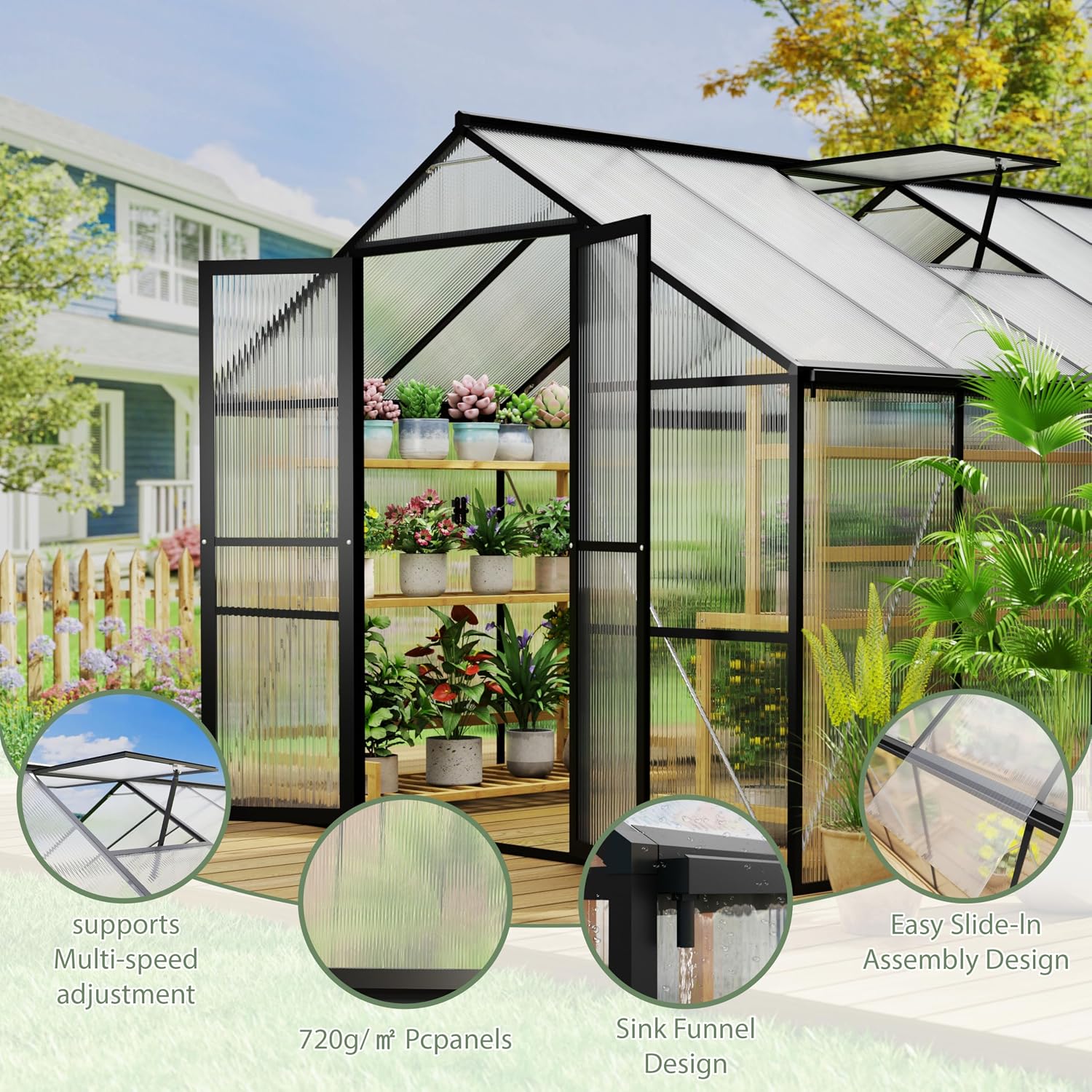 โรงเรือนกลางแจ้งขนาด 8 x 10 ฟุ - Polycarbonate Greenhouse Aluminum Frame บทวิจารณ์และราคา