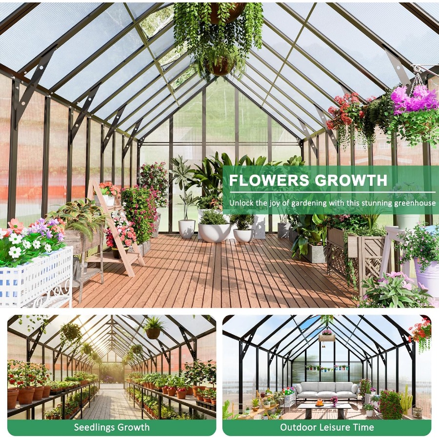 เรือนกระจกขนาดใหญ่ 20x10x10 ฟุ - Polycarbonate Greenhouse Aluminum Frame บทวิจารณ์และราคา